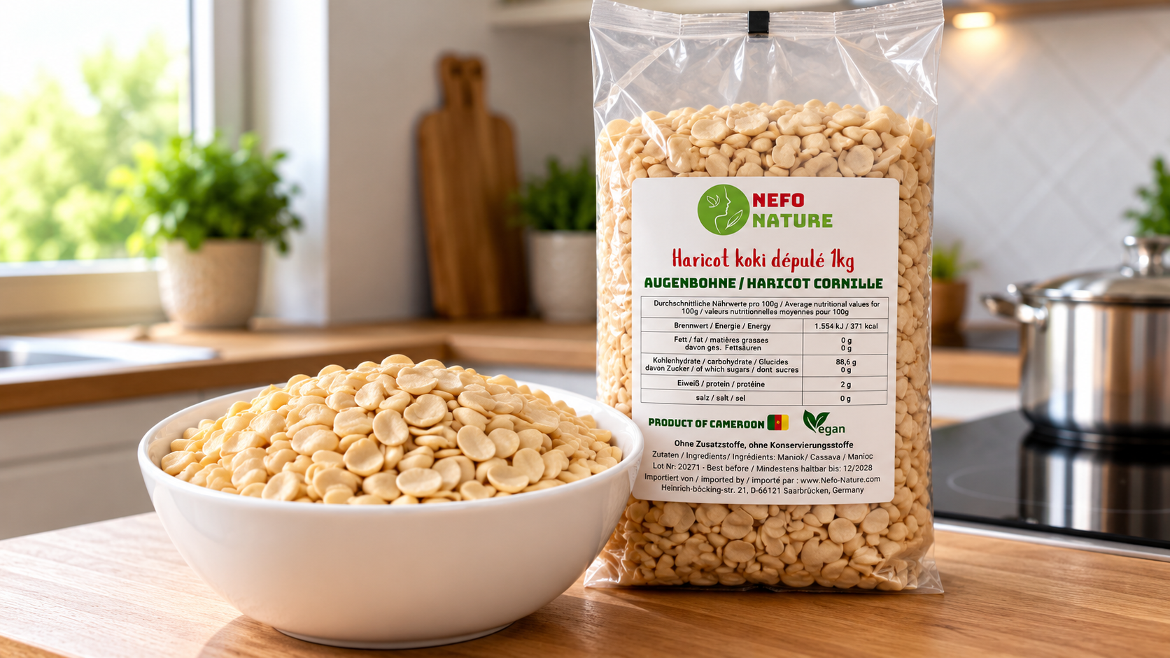 Sachet et bol de haricots Koki Nefo Nature