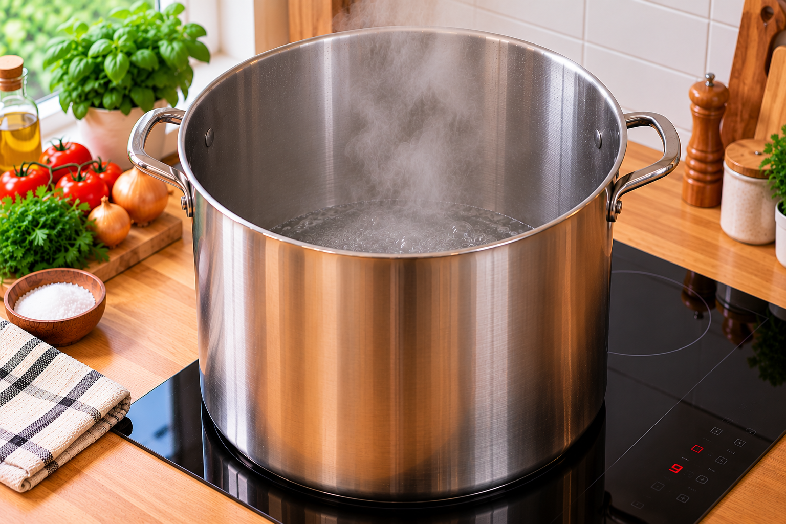 Grande marmite en inox avec de l'eau qui bout