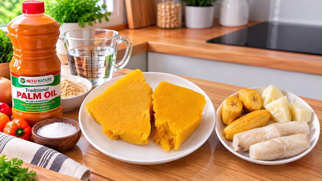Koki cuit servi avec plantain et manioc
