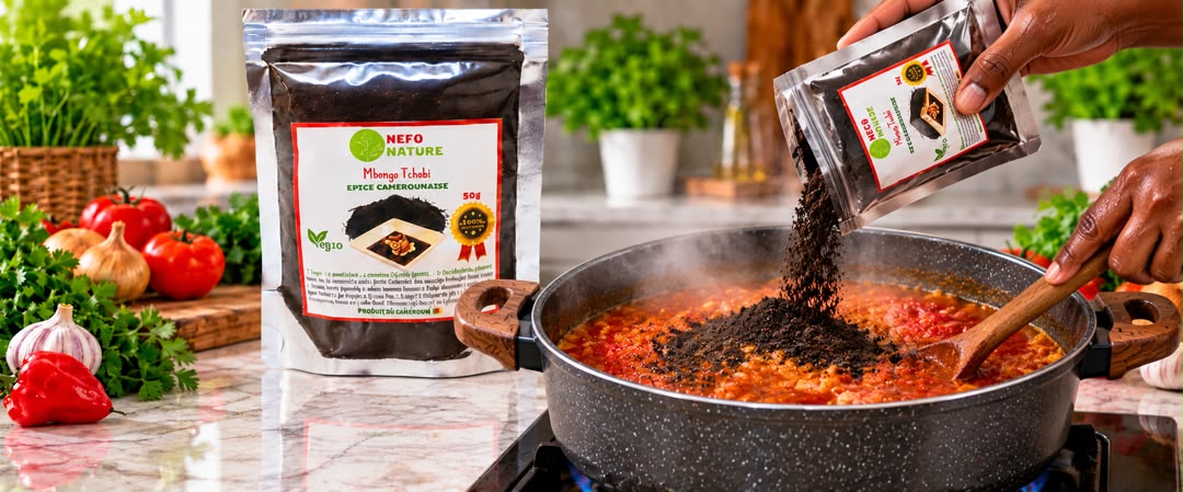 Épices Mbongo Tchobi Nefo Nature versées dans la marmite