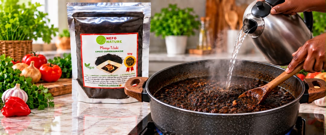 Eau chaude versée dans la sauce noire Mbongo Tchobi