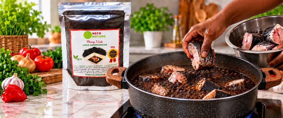 Morceaux de poisson déposés dans la sauce Mbongo Tchobi