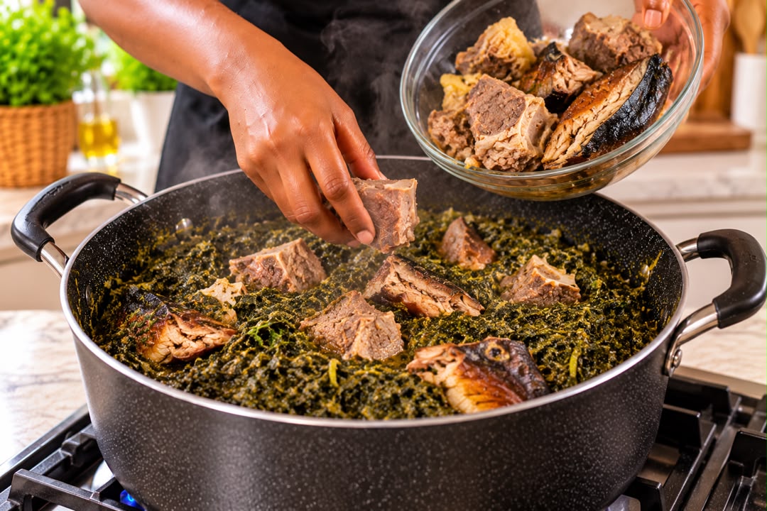 Viande et poisson fumé ajoutés aux feuilles d'eru dans la marmite