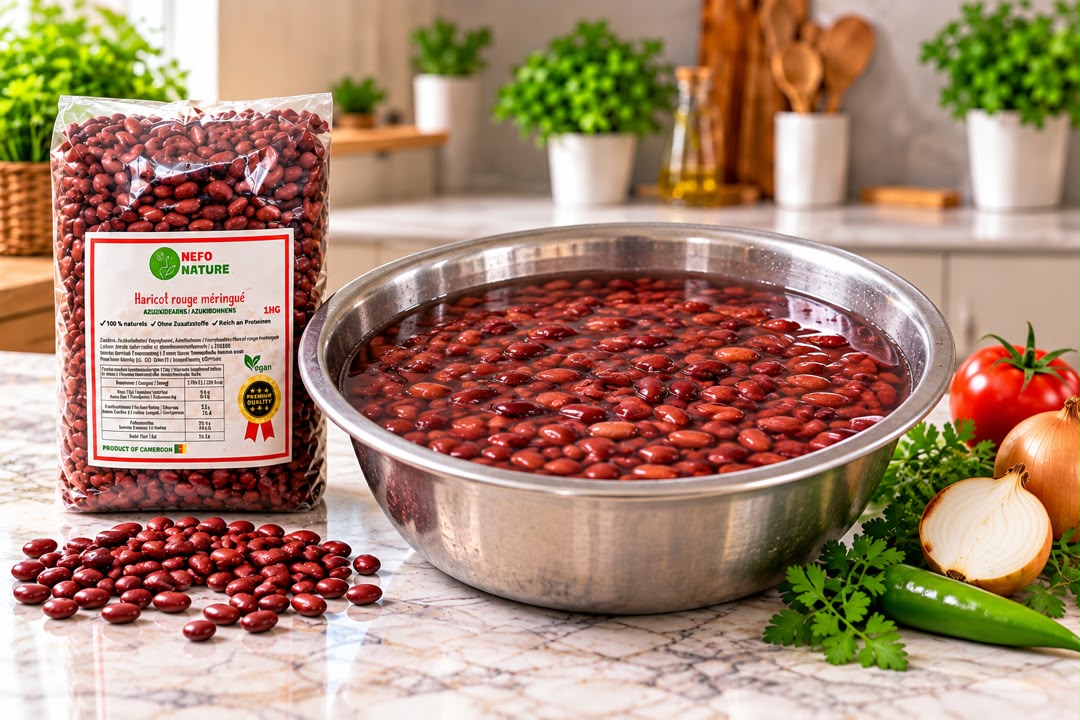 Haricots rouges méringué qui trempent dans un grand bol d'eau