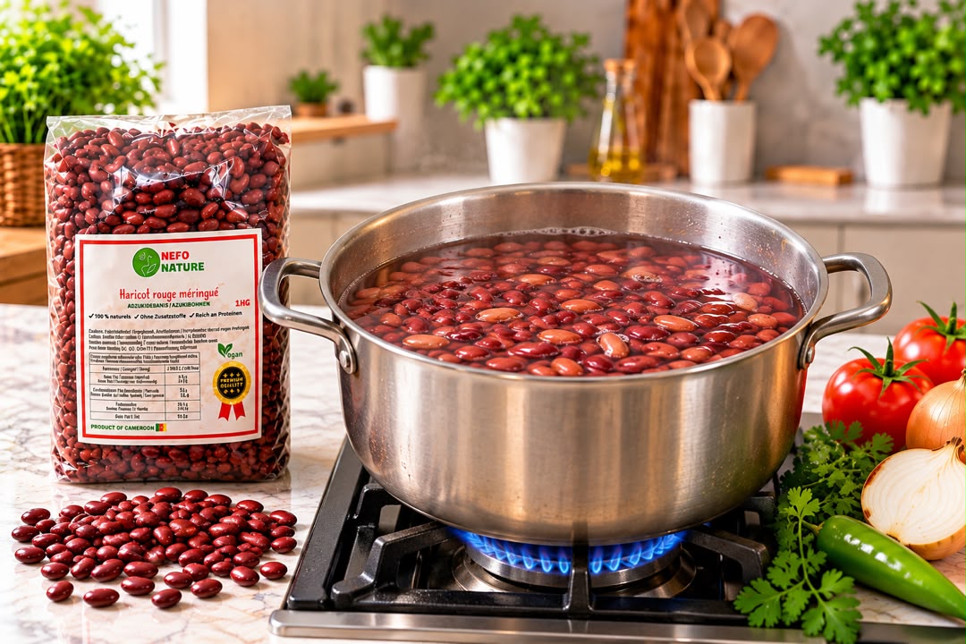 Haricots rouges qui cuisent dans une marmite d'eau sur le feu