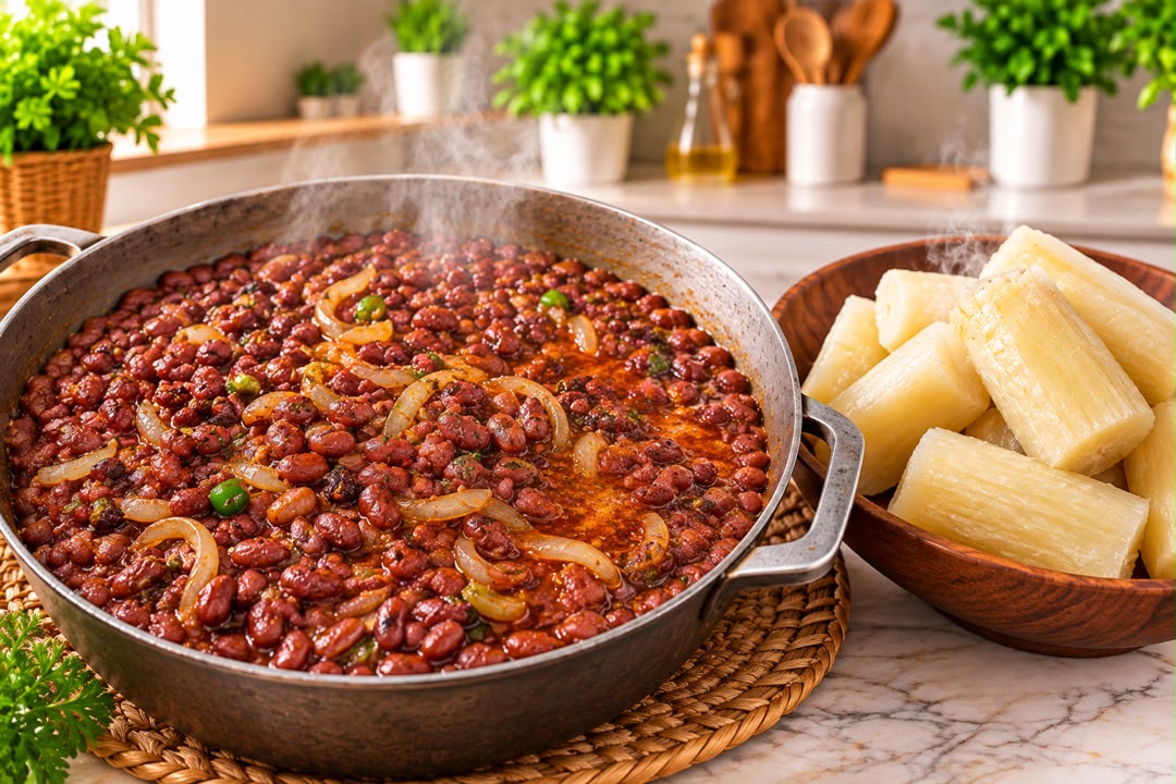 Haricots sautés servis avec des bâtons de manioc