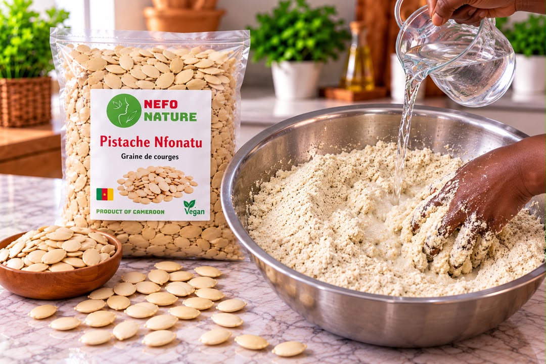 Eau versée dans la poudre de pistache et mélangée à la main