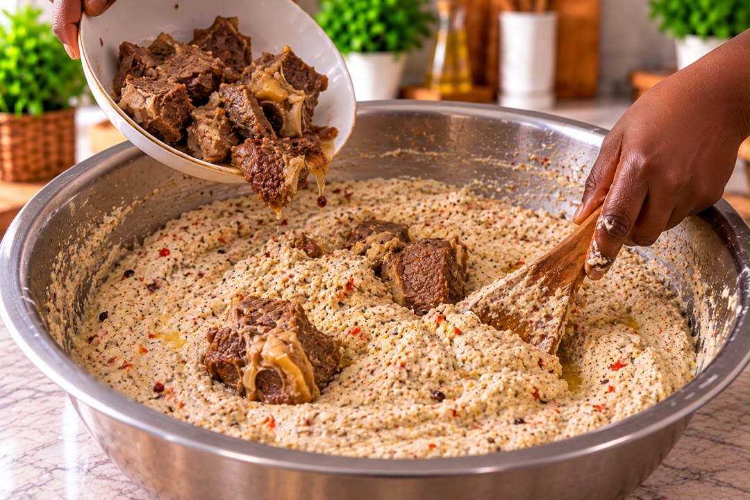 Morceaux de viande ajoutés à la pâte de pistache