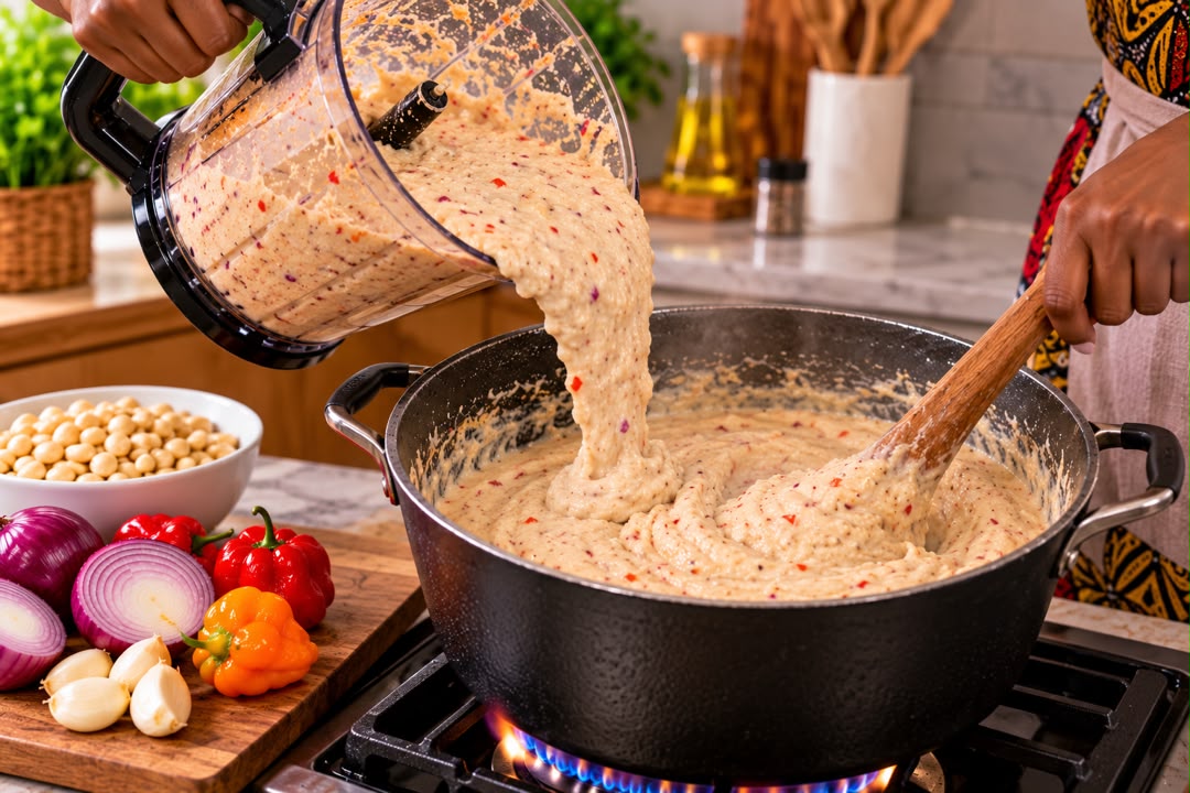 Crème d'arachide versée du mixeur dans la marmite