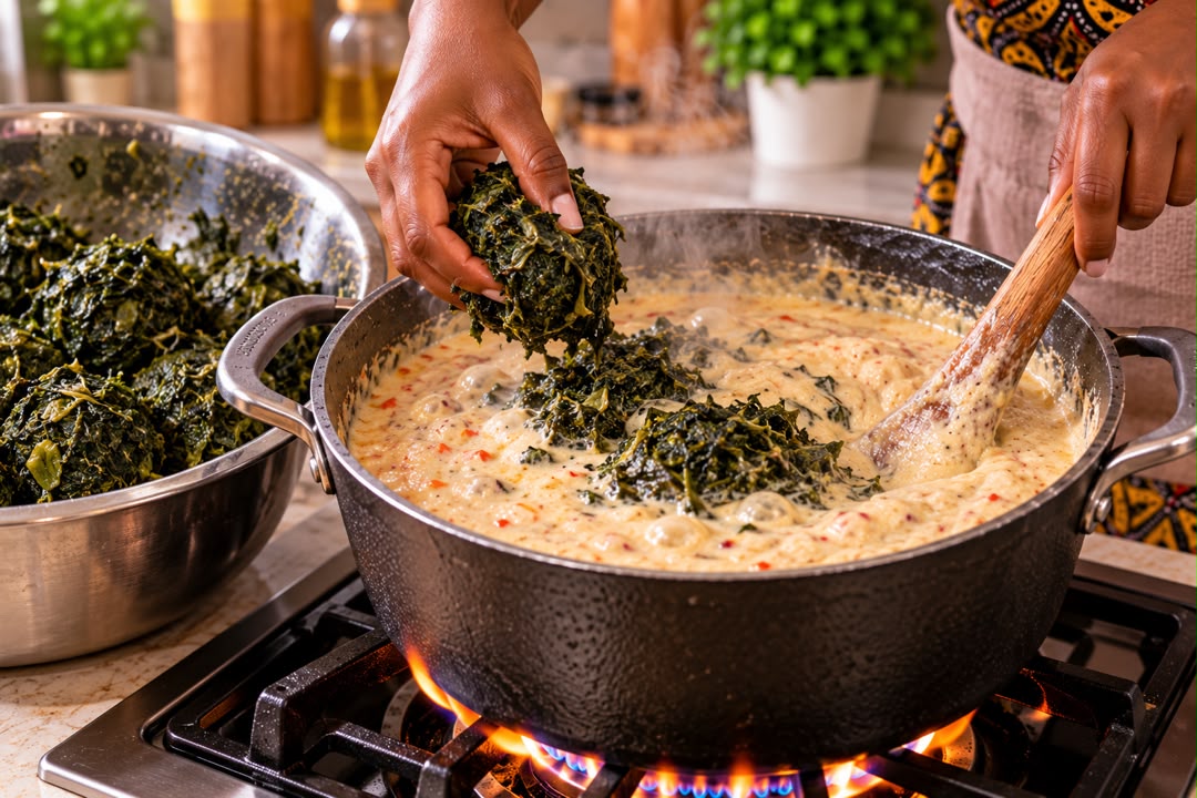 Feuilles de ndolé ajoutées dans la crème d'arachide