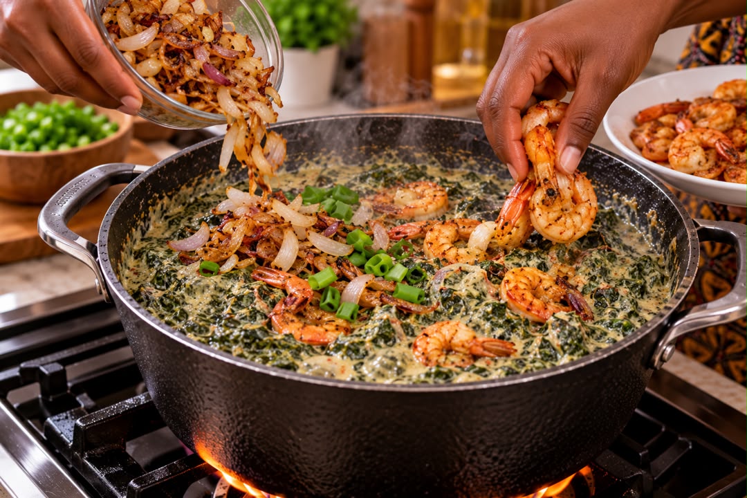 Oignons dorés et crevettes ajoutés dans la marmite de ndolé