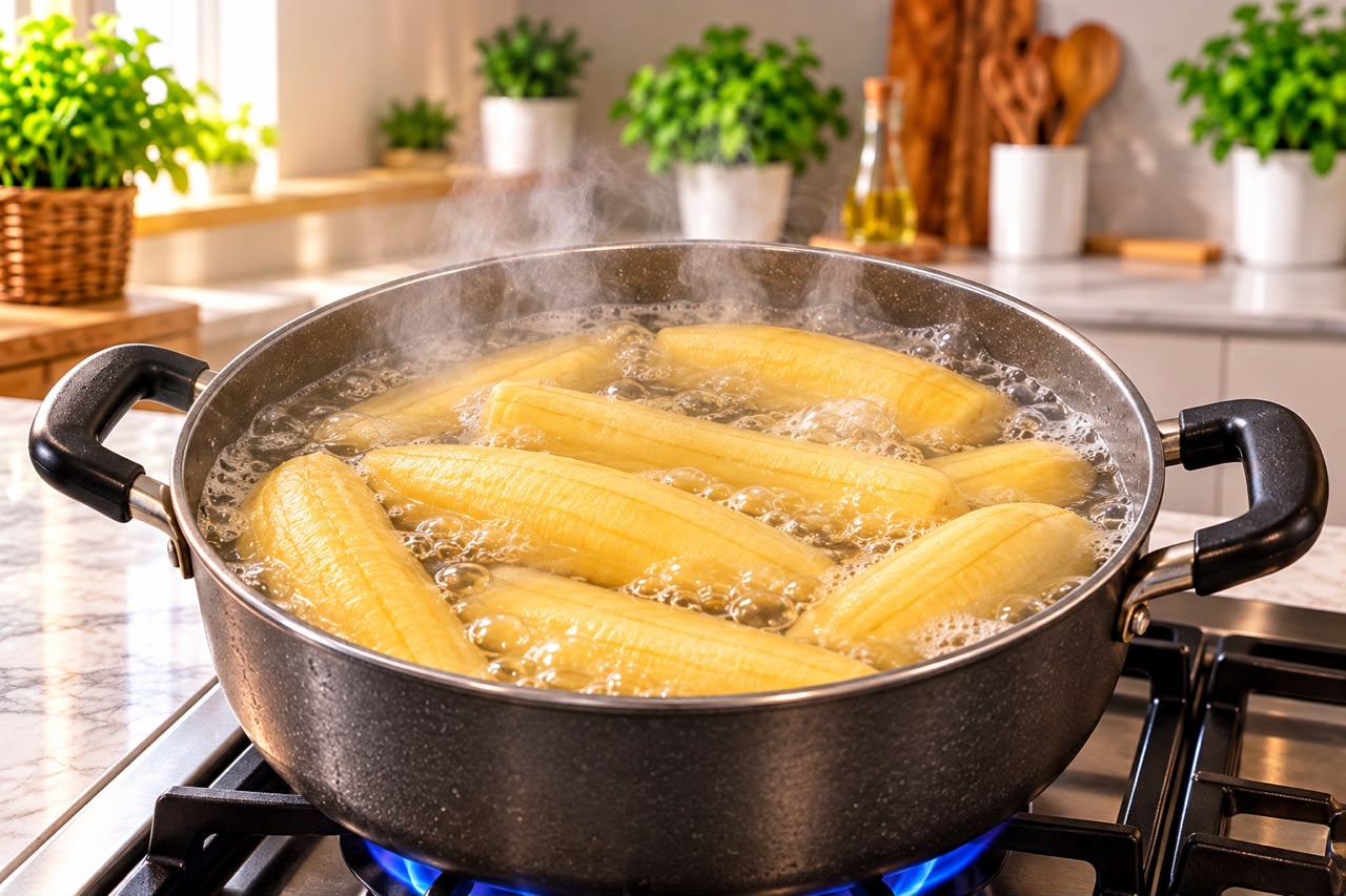 Plantains qui bouillent dans une grande marmite