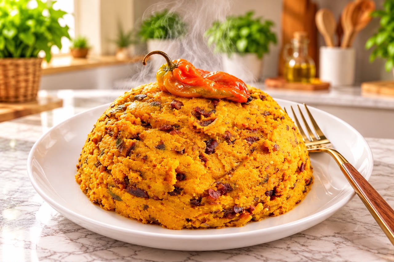 Plantain pilé aux haricots servi en dôme dans une assiette
