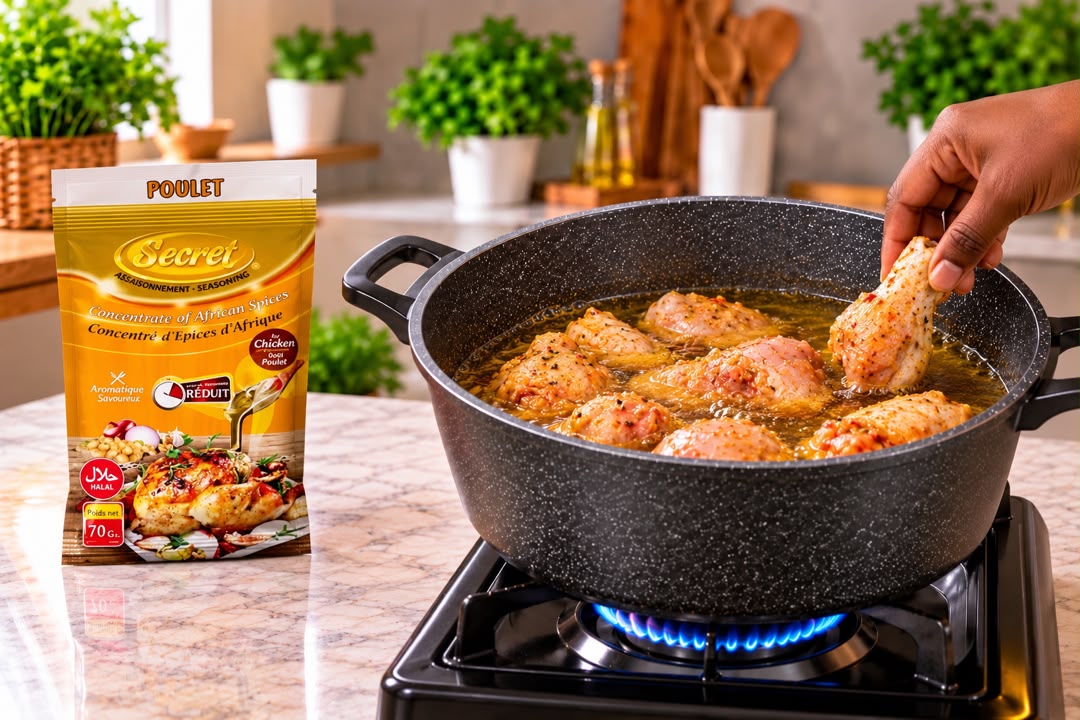 Morceaux de poulet assaisonnés qui dorent dans la marmite