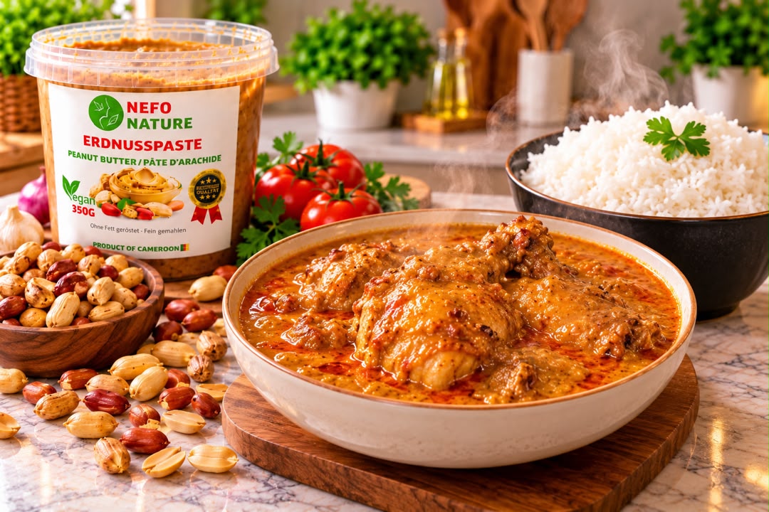 Sauce d'arachide au poulet servie avec du riz blanc