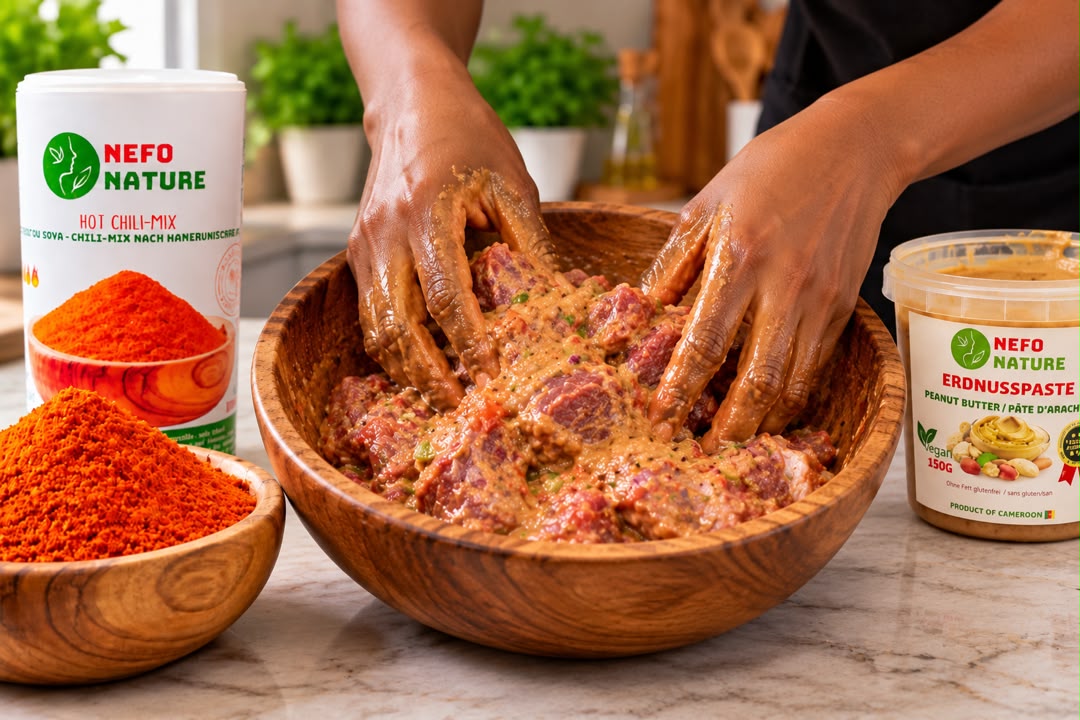 Viande mélangée à la marinade dans un grand bol en bois