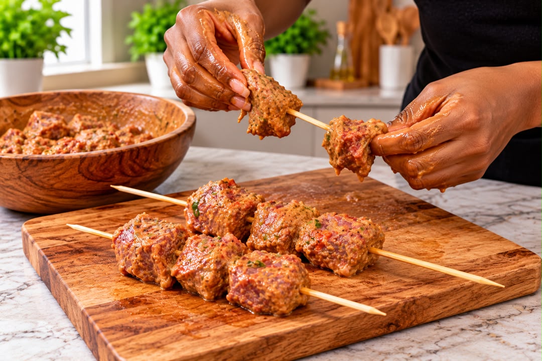 Morceaux de viande marinée enfilés sur des brochettes