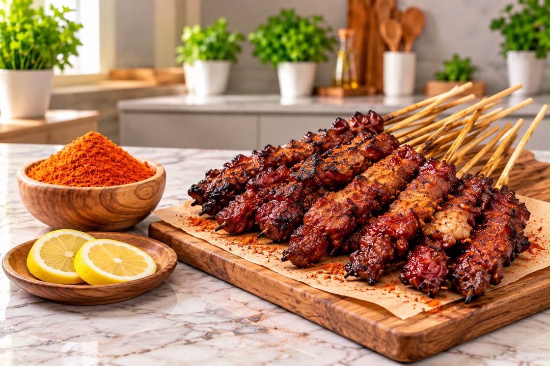 Brochettes de suya servies avec du citron et des épices